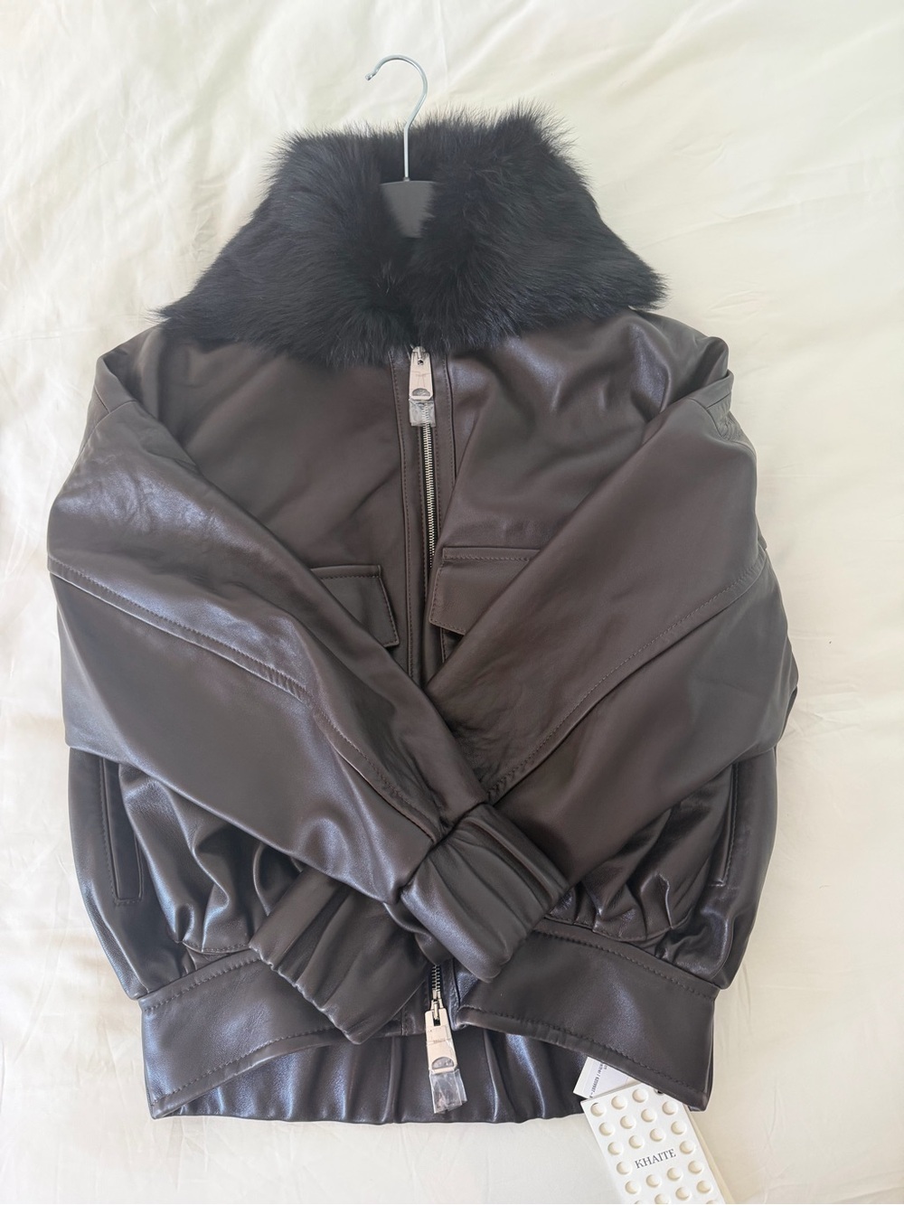 KHAITE Daemon Dark Brown Leather Bomber Jacket with Black Fur Collar NWT XS - Picture 5 of 9